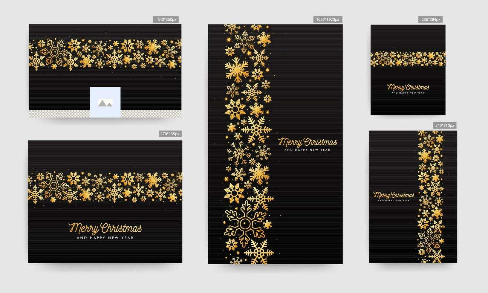 Merry Christmas and Happy New Year Celebration Banner, Poster and Template Set with Golden Snowflakes and Stars Decorated on Black Background. vector