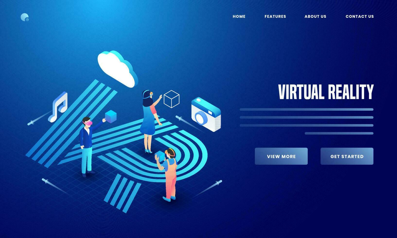 User using social media and analytics tools of camera, cloud and music notes on creative blue background for Virtual Reality website poster or landing page design. vector