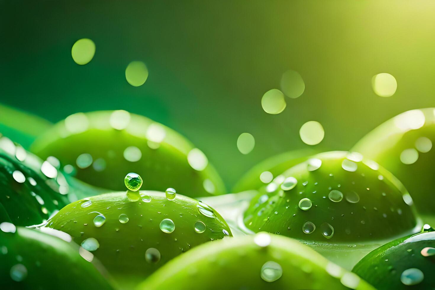 water drops on green leaf captured from micro lens perspective photo