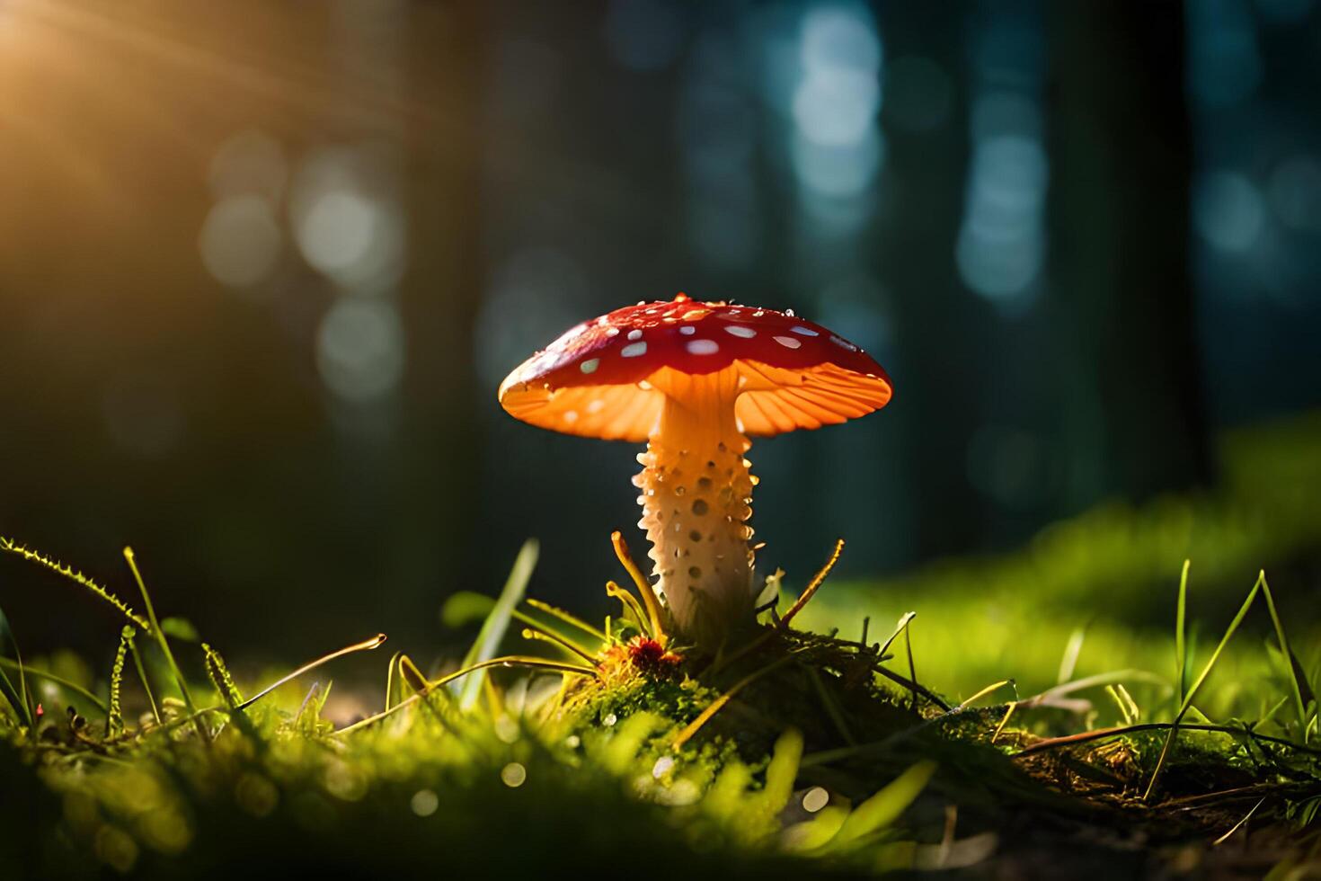 Fly agaric in the forest, closeup, macro photography photo