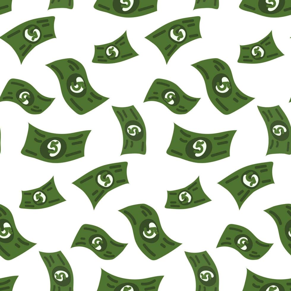 A pattern of cartoon abstract American banknotes. A rain of green money with the number 5 falling from above in a flat style on a white background. Printing on textiles and paper vector