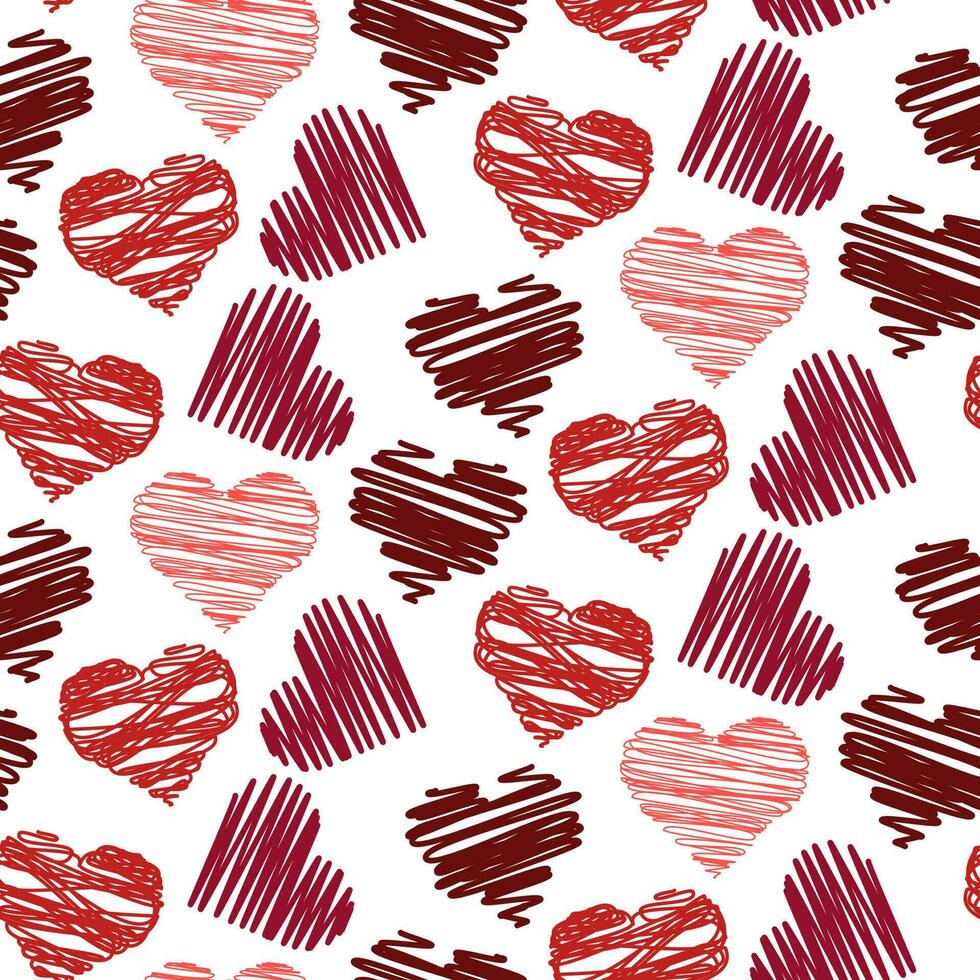 A pattern from a pencil stroke drawing. Colored doodles. The texture of a sketch drawn by hand with pen lines. Transverse or parallel hatching. Red strokes in the heart on a white background vector
