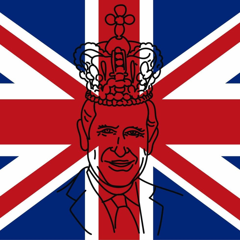 Portrait of Prince Charles King of England, in profile Coronation of King Charles III on May 6 2023 Square banner with a linear portrait of the king on the background of the British flag Vector banner