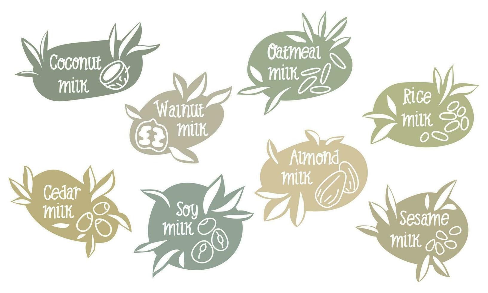 A set of labels for vegetable milk. Milk for vegetarians from varieties of grains and nuts. Milk without lactose. An alternative to dairy products. Template for banner, poster, printing, packaging. vector