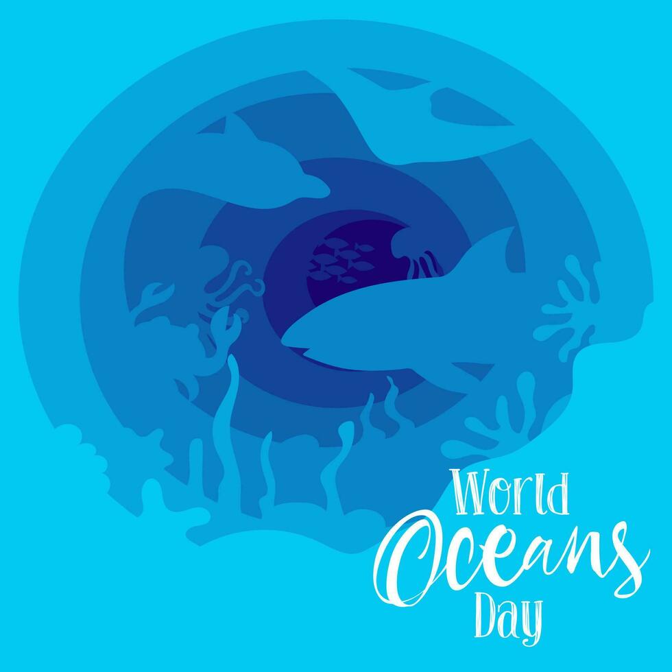 mundo océanos día. un fiesta dedicado a el proteccion y preservación de el del mundo océanos, agua recursos y ecosistemas azul sombras desde capas en el tema de mar ondas, pescado y plantas vector