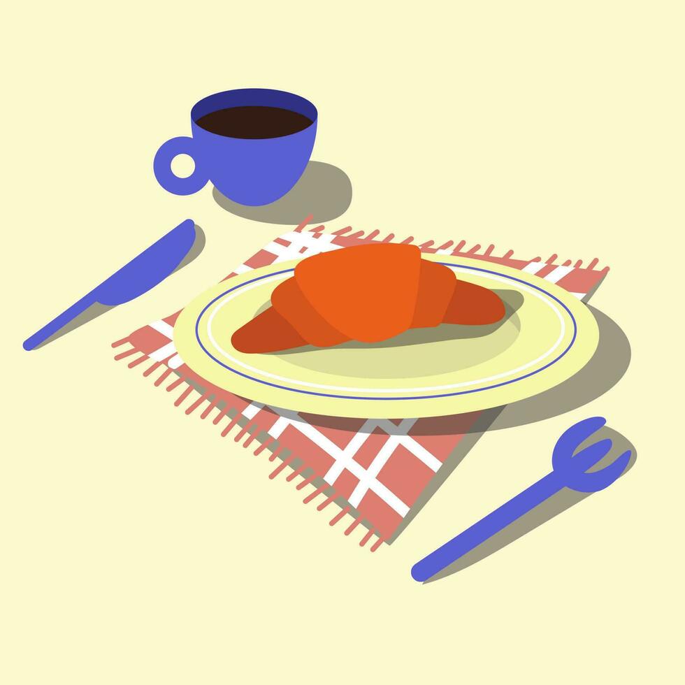 dibujos animados mesa ajuste para desayuno. un jarra de café, un cuerno en un plato con un tenedor y un cuchillo. servicio, almuerzo, cafetería, descansar, desayuno. dibujado a mano linda vector ilustración. impresión bandera desayuno