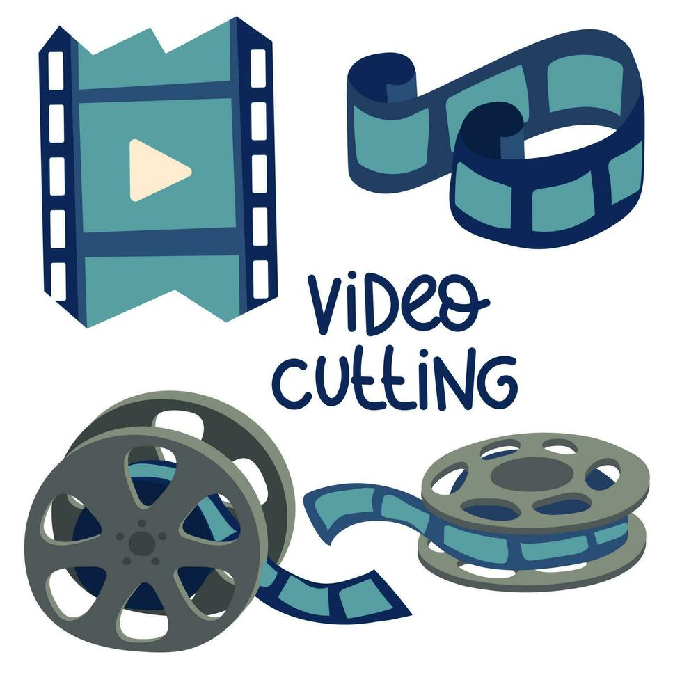 A set of elements for movies. All the elements for creating and cutting a movie. Reel, film, slide in cartoon style. Cute flat-style drawings in a blue color scheme on a white background vector