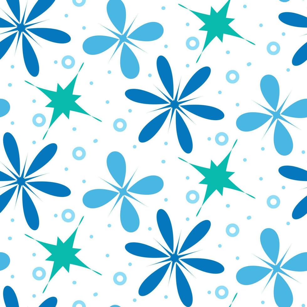 Simple floral pattern of symmetrical elements. Vector seamless texture with symmetrical colors or rounded snowflakes Colorful retro-style ornament with blue large and small flowers on white background