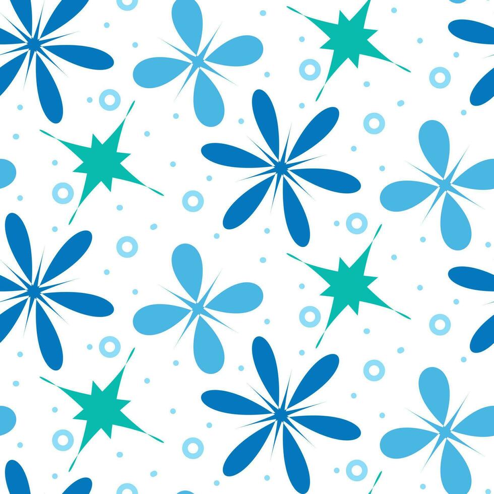 sencillo floral modelo de simétrico elementos. vector sin costura textura con simétrico colores o redondeado copos de nieve vistoso estilo retro ornamento con azul grande y pequeño flores en blanco antecedentes