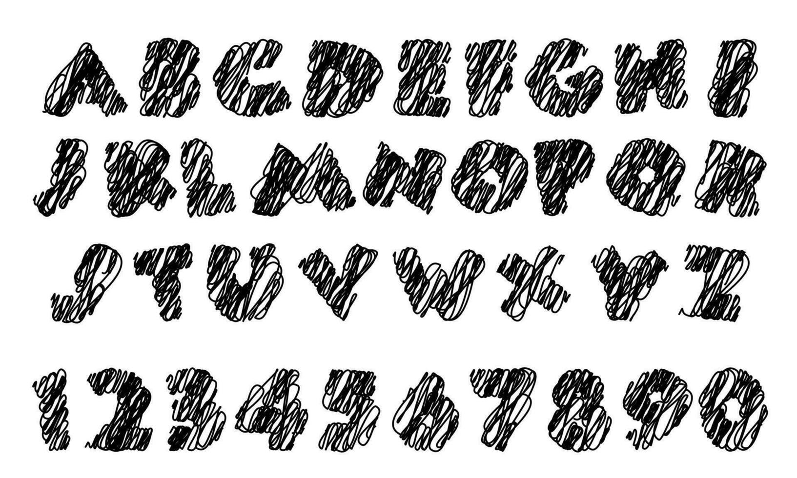 Realistic hand embroidery in alphabetic lettering for decoration and covering. Isolated letters in stitch and fabric design. Dashed font, hand-shaded letters in black threads on a white background vector