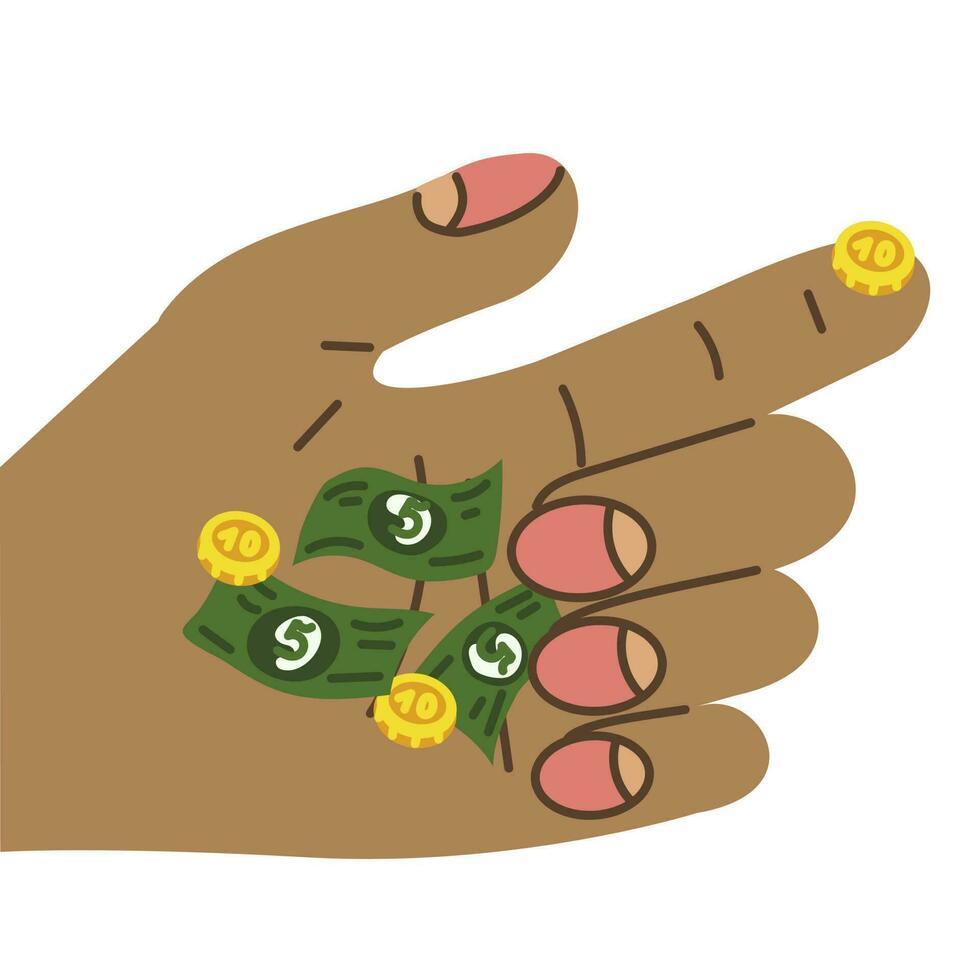 Giant hands holding tiny elements of paper money and coins. The concept of business, shop, money, salary. Hand-drawn fashionable vector illustration. Cartoon style Templates for banner design websites