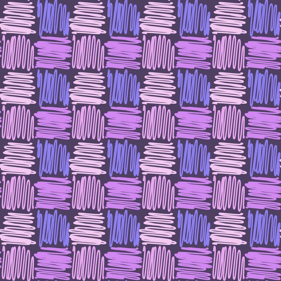 A pattern from a pencil stroke drawing. Colored doodles. The texture of a sketch drawn by hand with pen lines. Transverse or parallel hatching. Purple and blue background of round dashed shapes vector