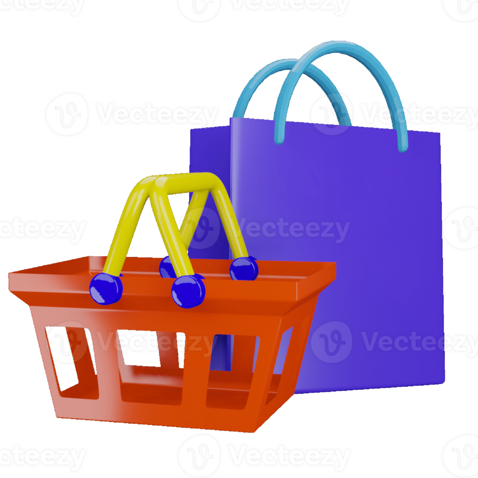 boodschappen doen kar en boodschappen doen zak illustratie ontwerp in 3d stijl. png