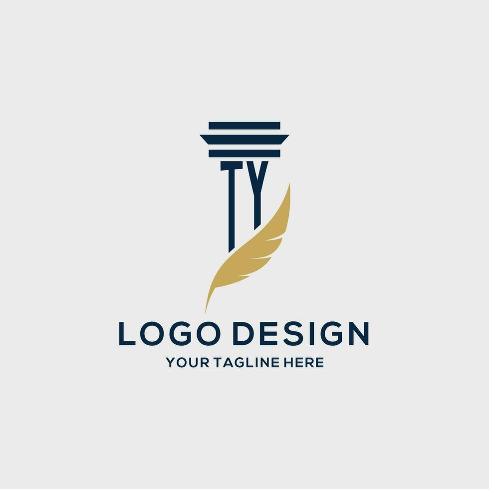 TY monogram initial logo with pillar and feather design vector