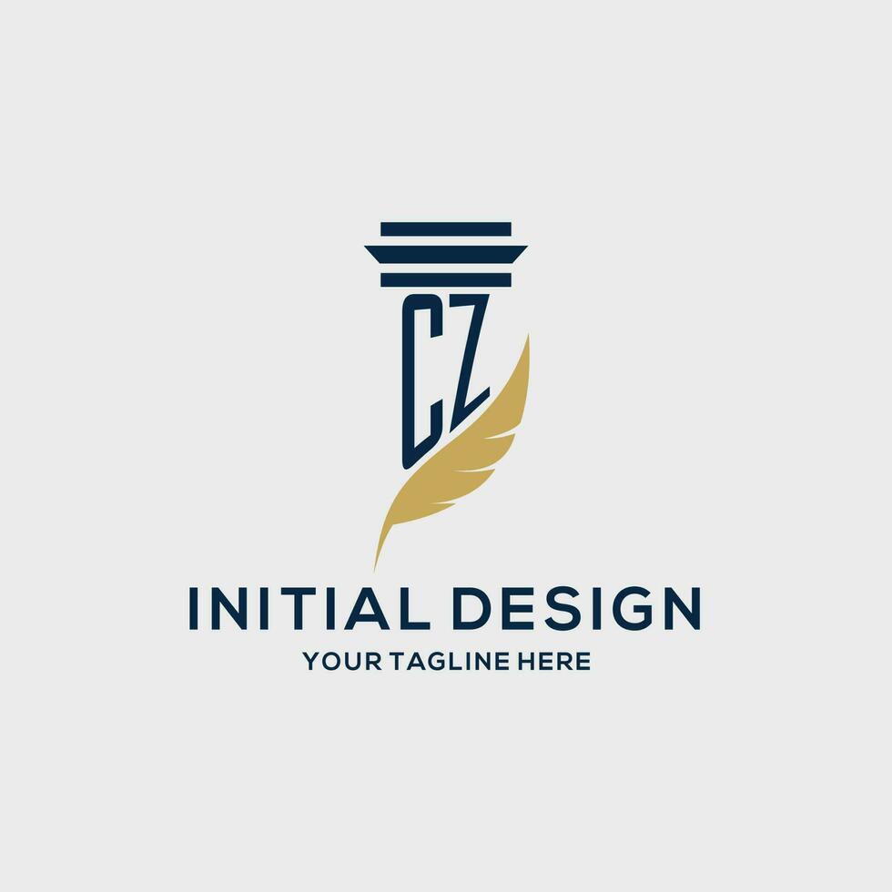 CZ monogram initial logo with pillar and feather design vector