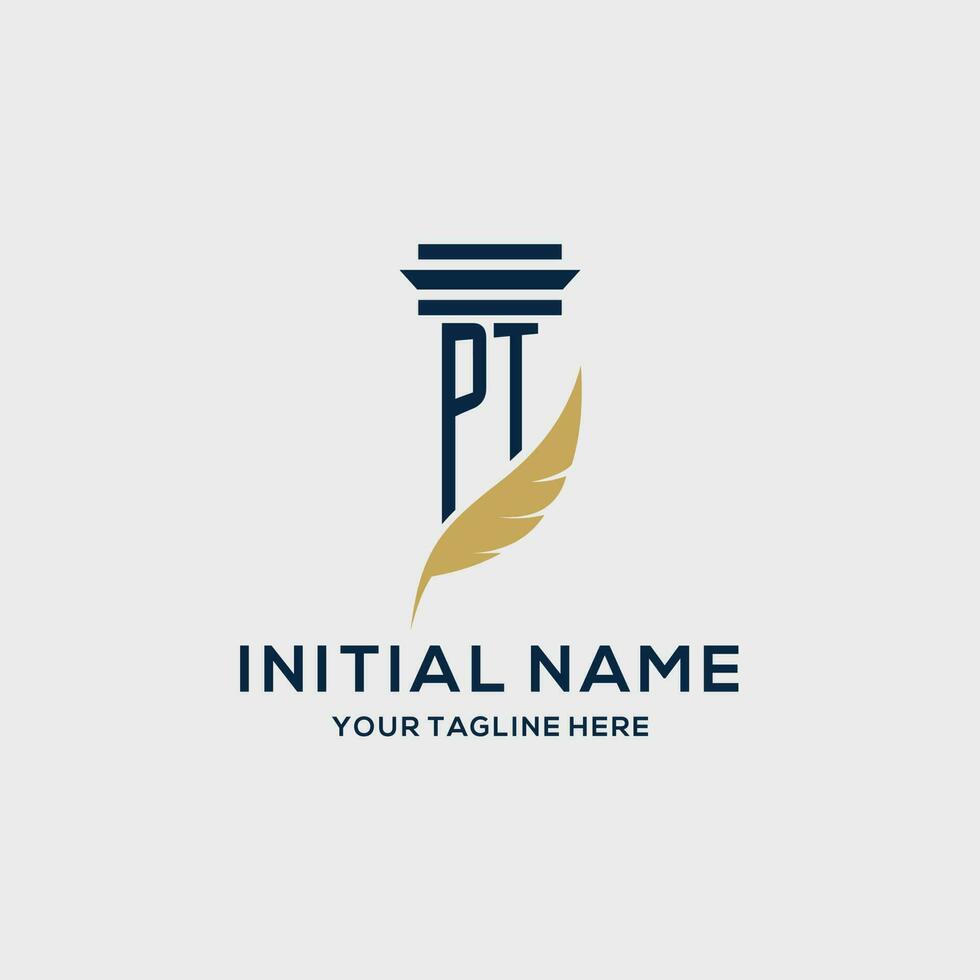 PT monogram initial logo with pillar and feather design vector