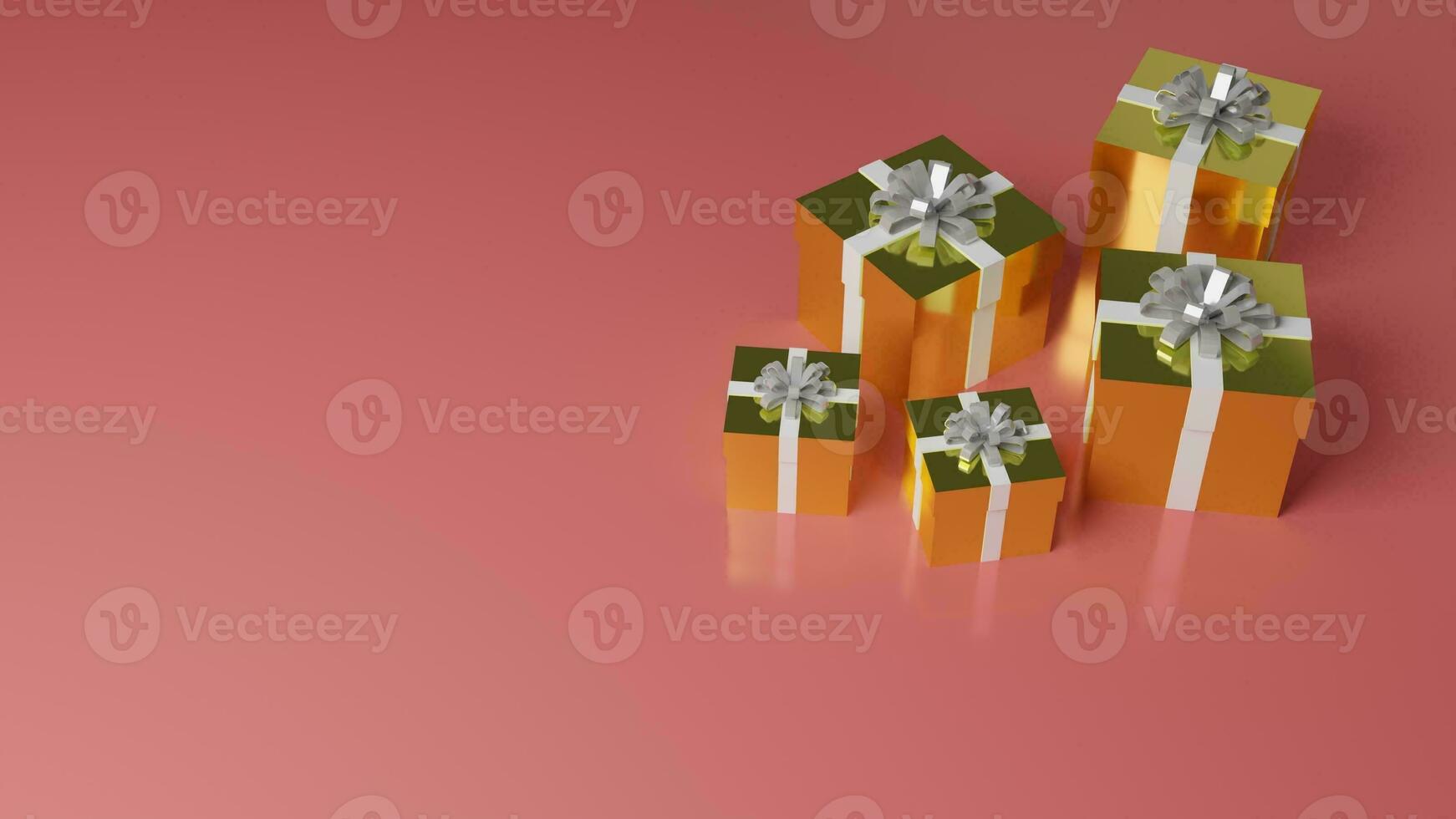 Gift boxes with bows on red background. 3D rendering. photo