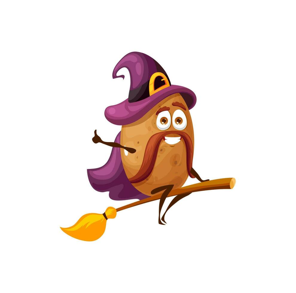 Vegetable potato magician on broom isolated veggie vector