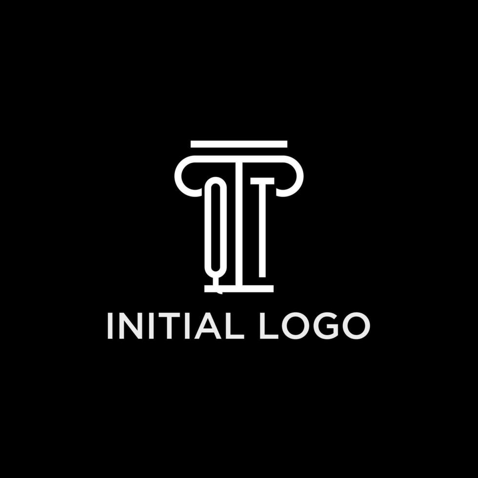 QT monogram initial logo with pillar shape icon design vector