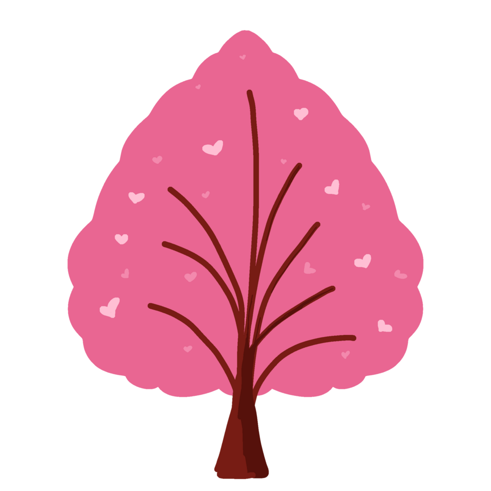 Pink tree sakura transparent background with branch and love. Flat design vintage heart. Free png sticker