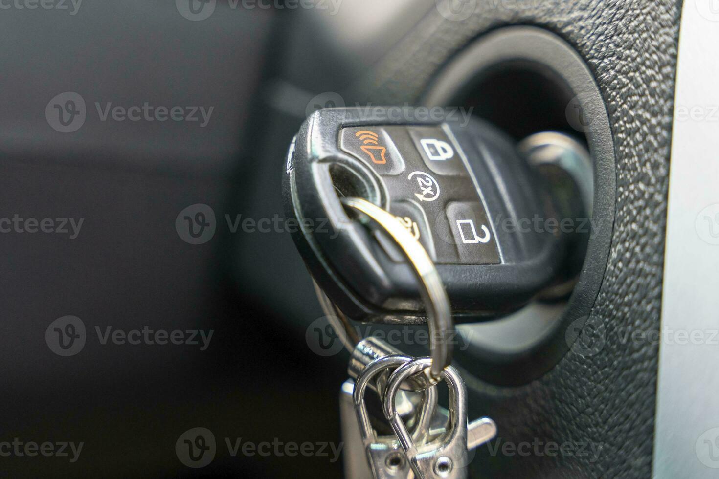 the car ignition key inserted into the car lock. photo