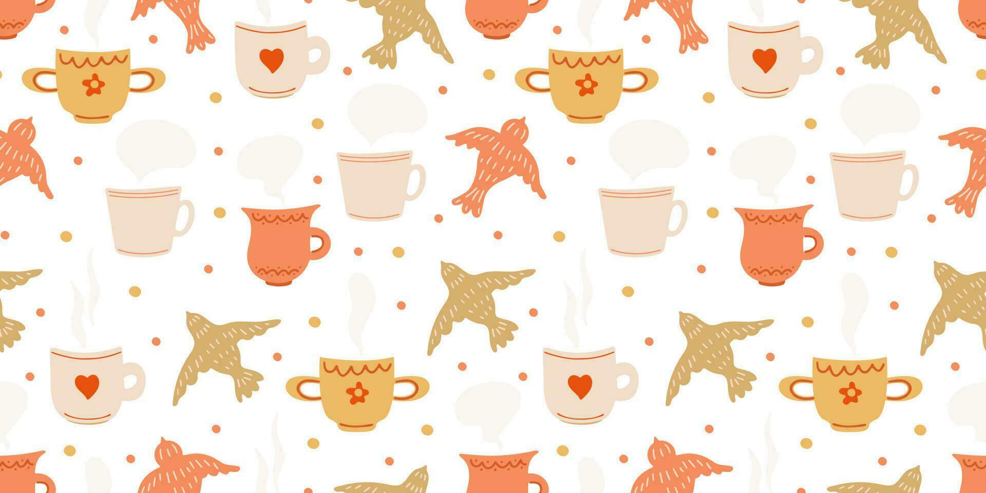 Vector seamless pattern with flying birds and mugs on white background. Great for linens, wallpapers, covers.
