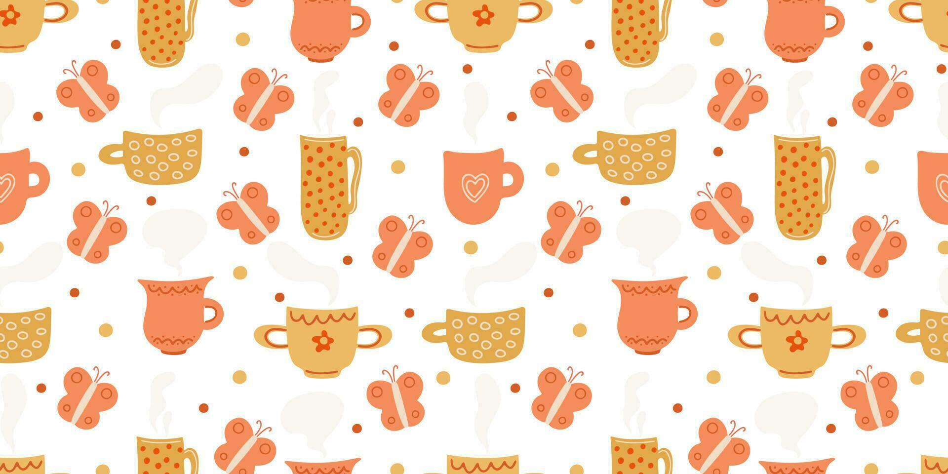 vector sin costura modelo con tazas y mariposas en blanco antecedentes. genial para ropa de cama, manteles, fondos de pantalla, cubre