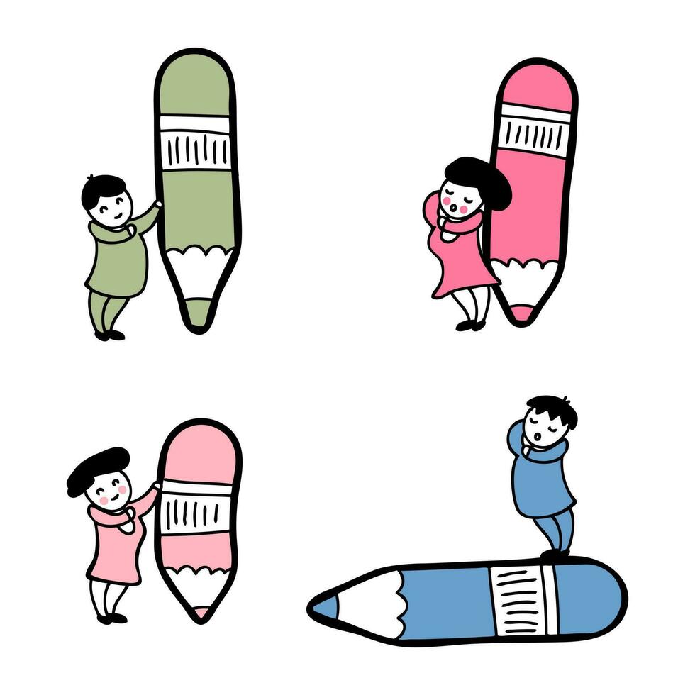 Various people with a giant pencils collection in doodle style. Drawing, writing, creating, design, blogging concept. vector