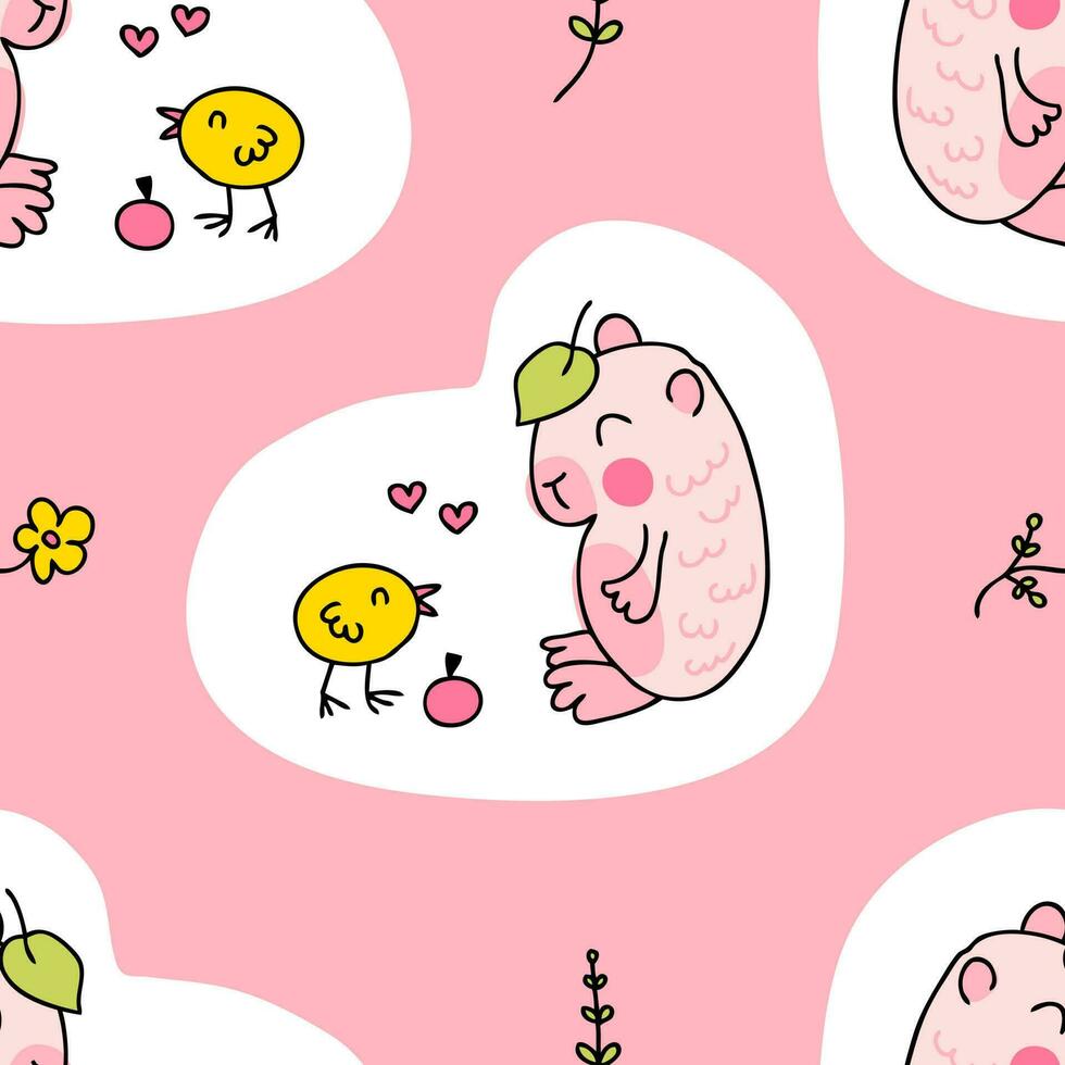 Doodle kawaii capybara and chick seamless pattern. Perfect print for tee, paper, textile and fabric. vector