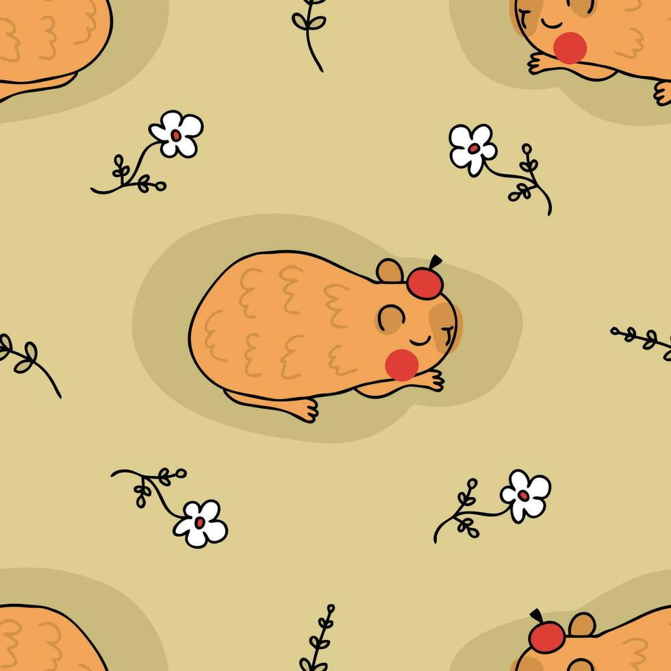 Hand drawn sleepy capybara seamless pattern in doodle style. Perfect print for tee, paper, textile and fabric. vector