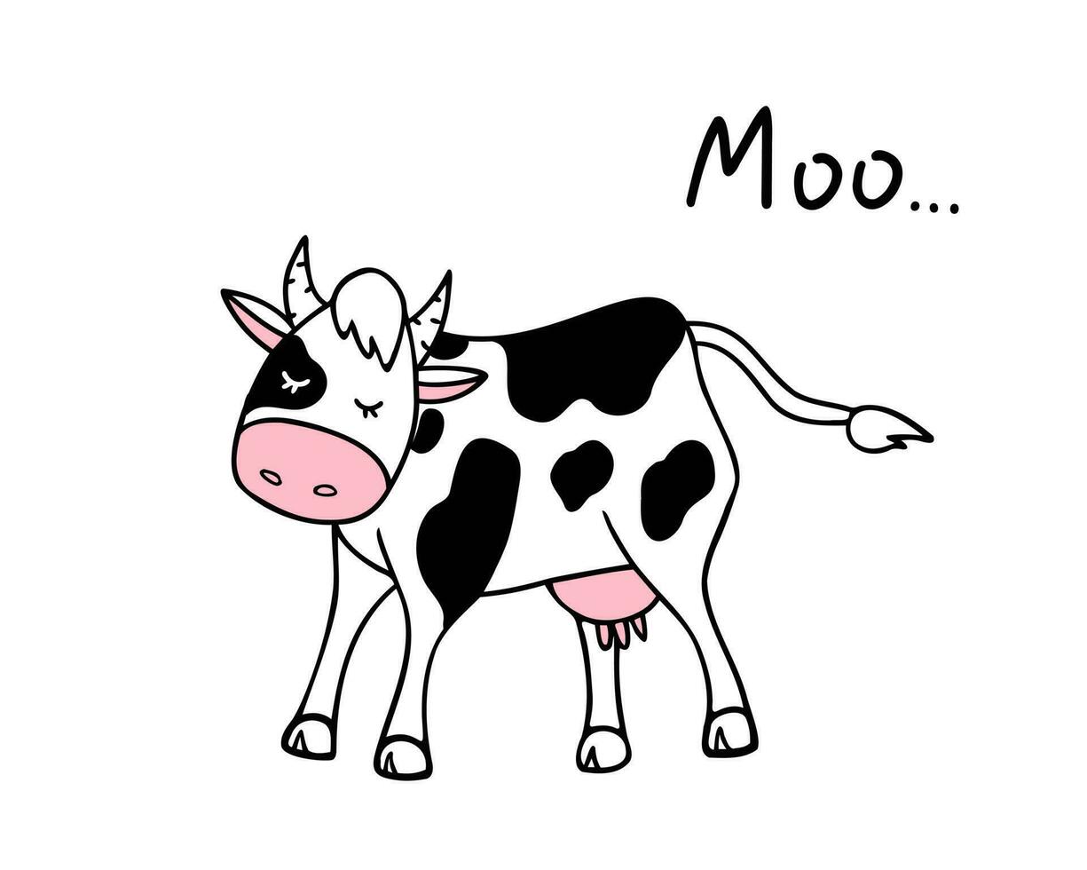 Cartoon cow, moo. Illustration for printing, backgrounds, covers and packaging. Image can be used for greeting cards, posters, stickers and textile. Isolated on white background. vector