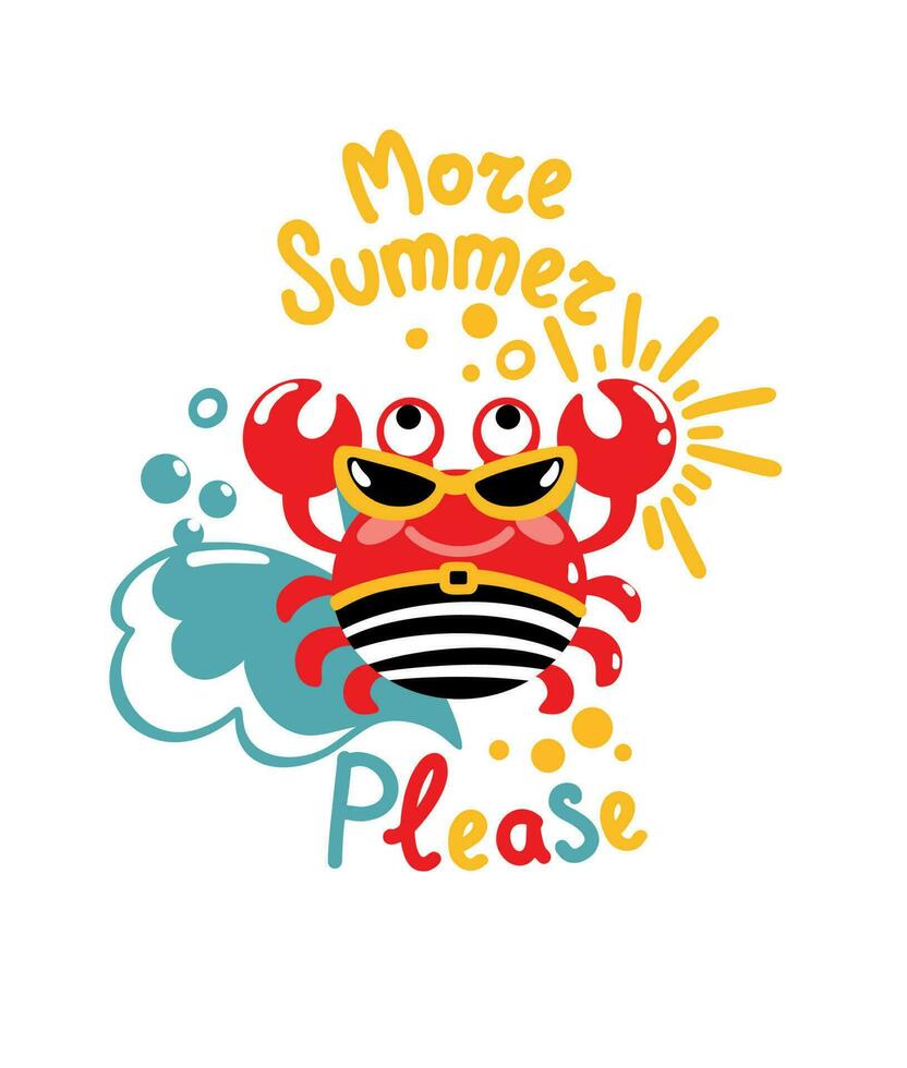 Funny crab in striped swimming trunks enjoys relaxing on the beach. Summer illustration. Vector. vector