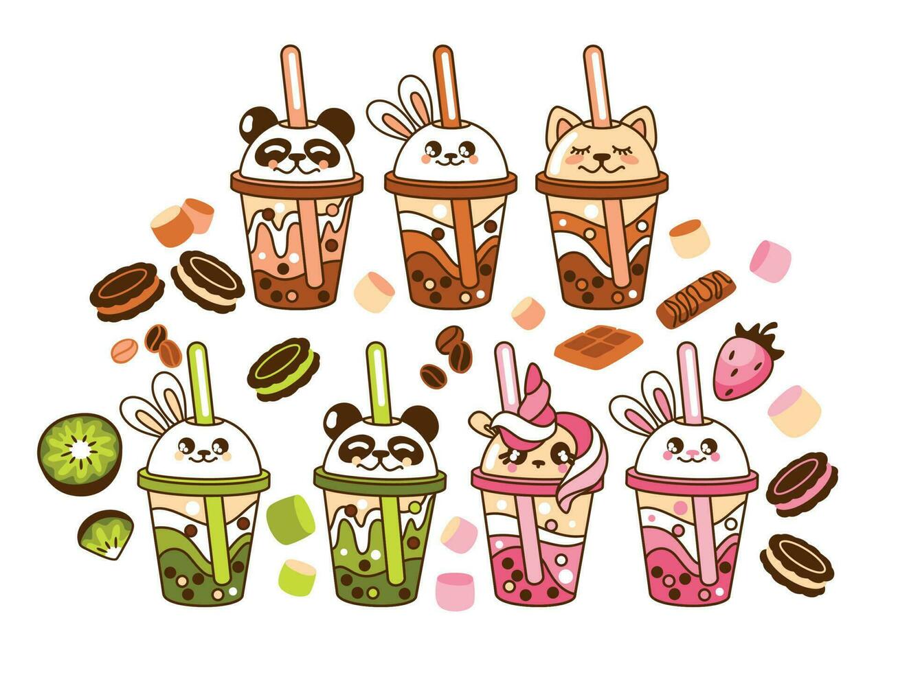 Bubble milk tea with cute cups. Cold cocktails. Set of illustration fresh drink. Vector. vector
