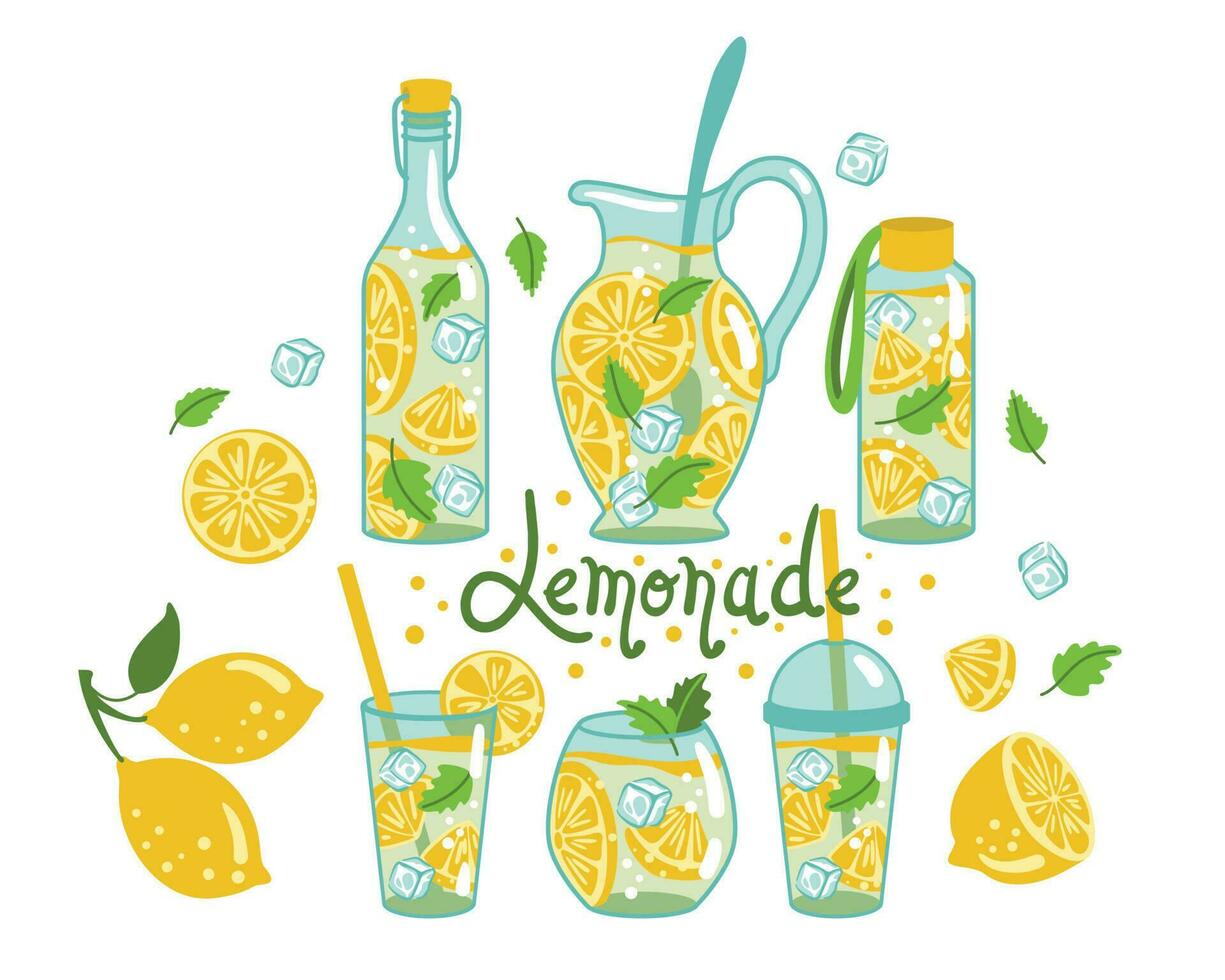 Homemade lemonade. Set of illustration fresh drink with lemon. Vector. vector