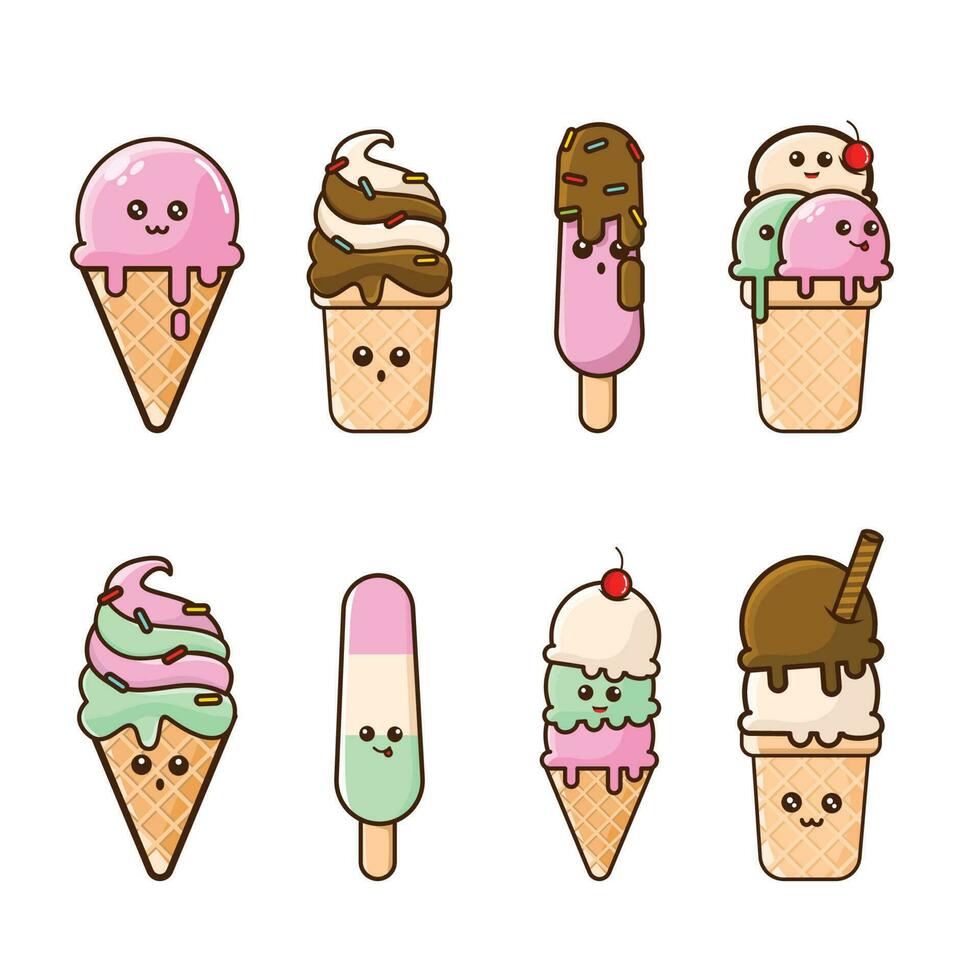 cute ice cream with various expressions and flavors vector