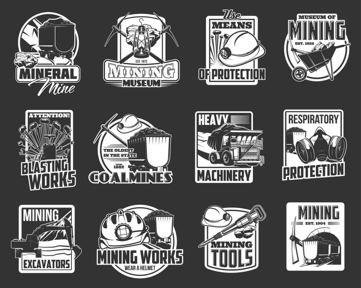 Mining industry isolated icons of tools, equipment vector
