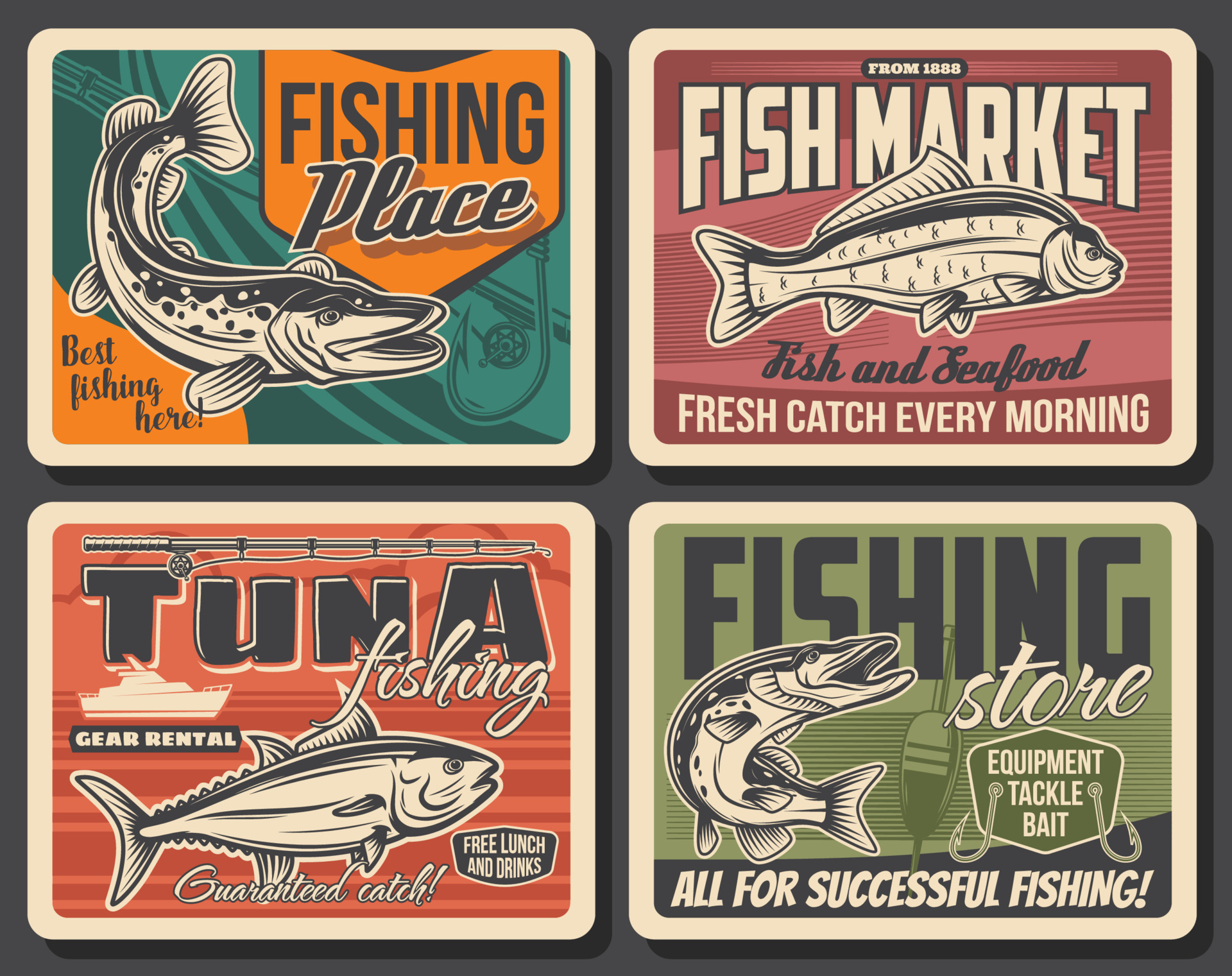 Fishing sport posters with fish, fisherman tackle 23553195 Vector