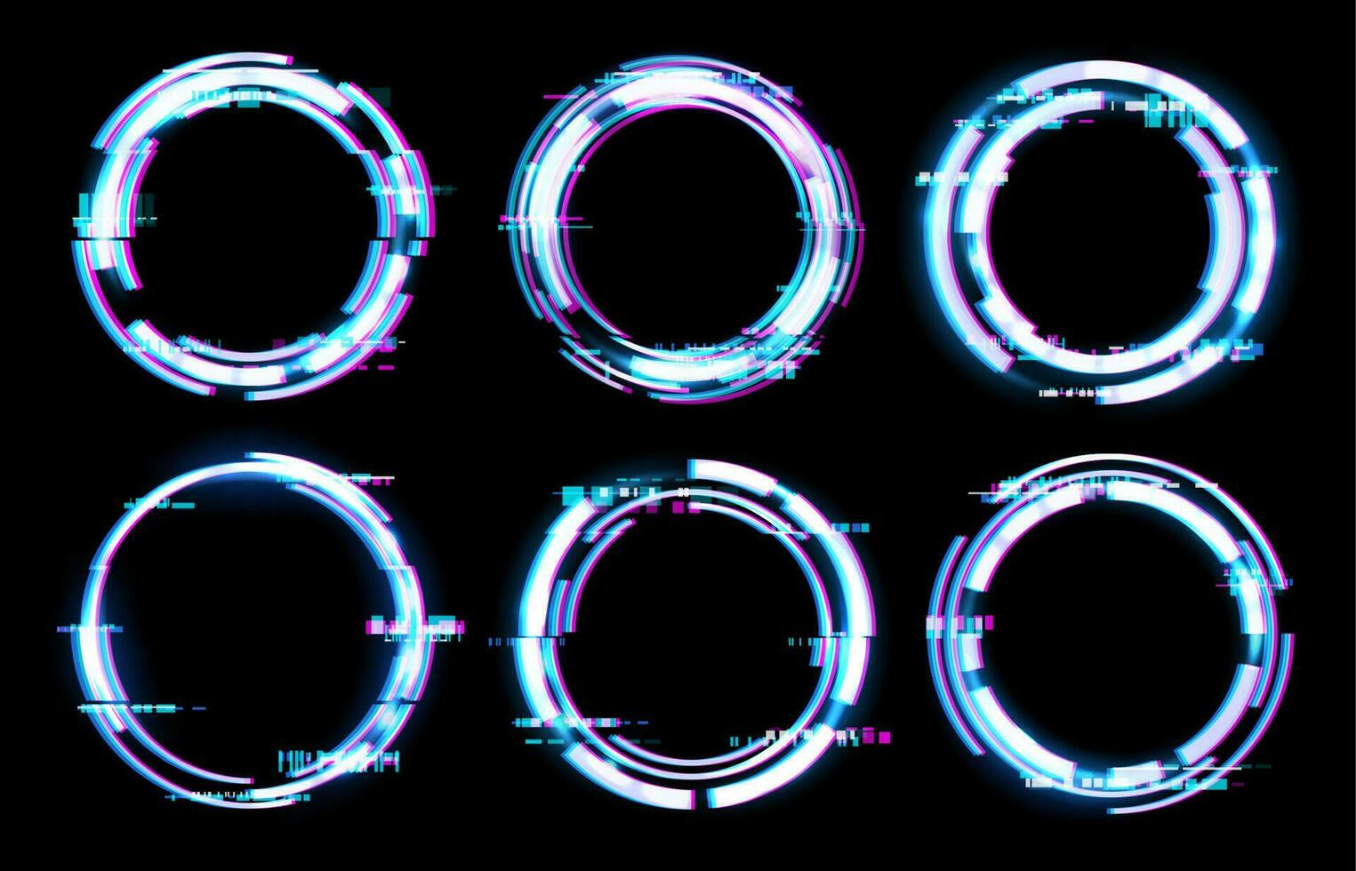 Glitch digital frames, circles neon light effect vector