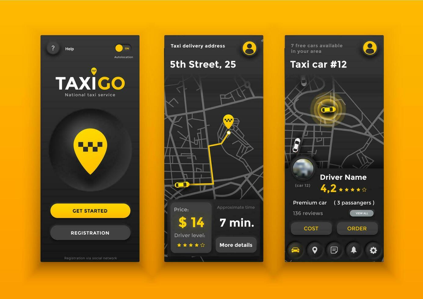 Neumorphic taxi online mobile order application vector