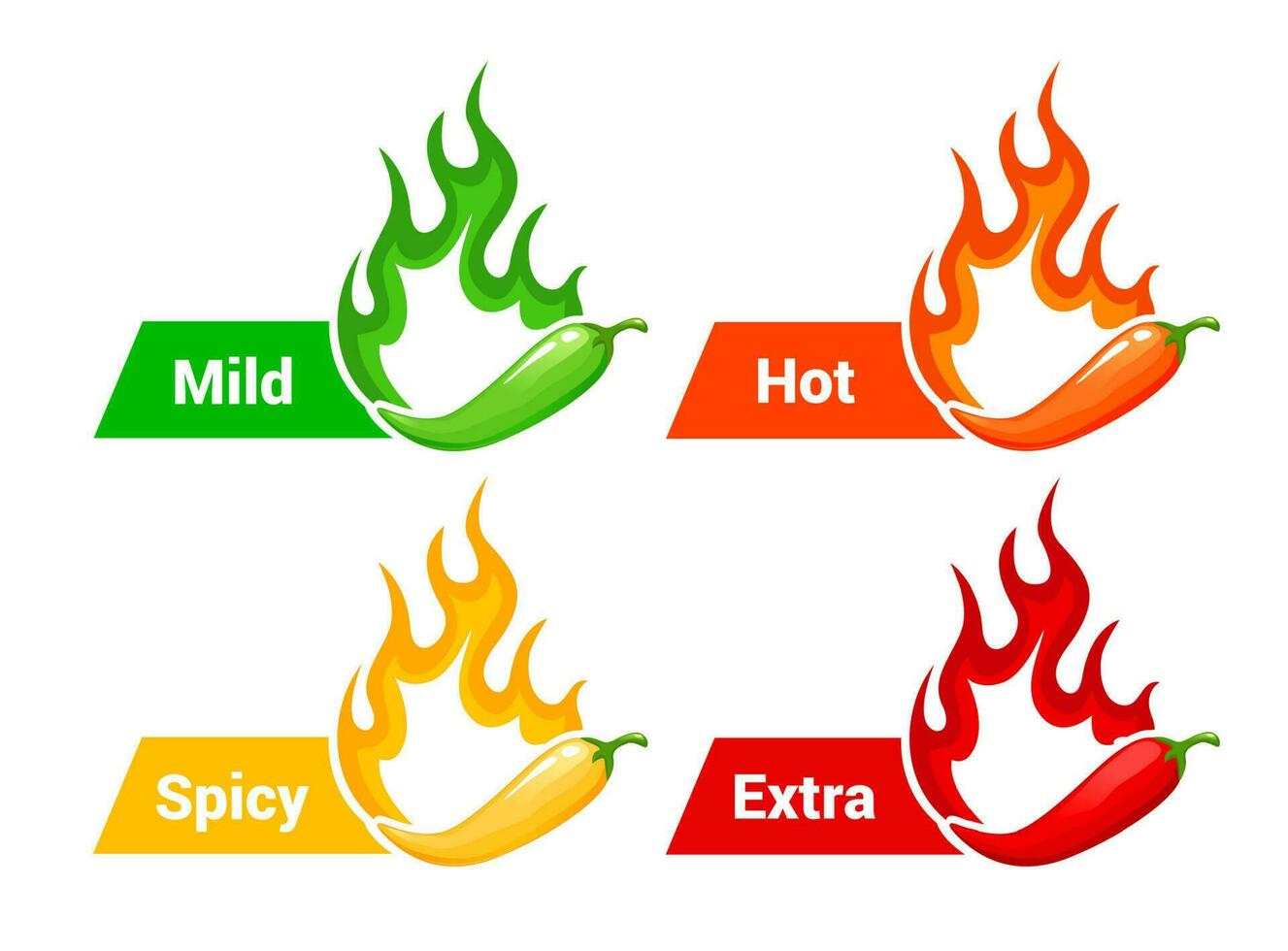 Hot spicy level labels, fire flames and peppers vector