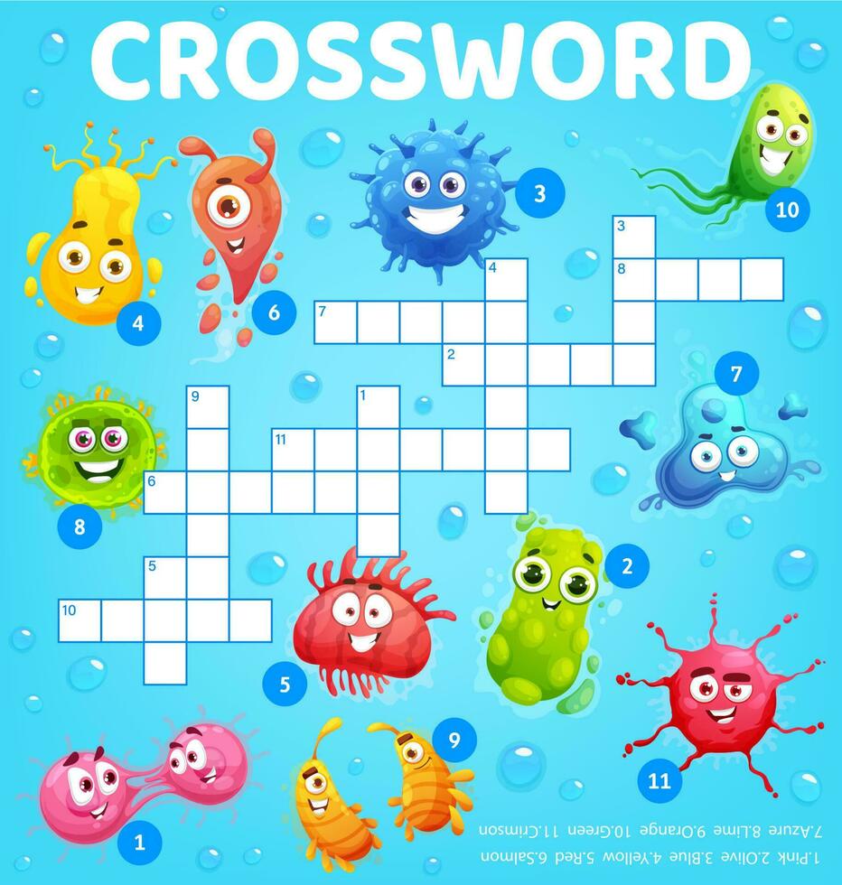 Cartoon microbes, viruses crossword worksheet vector
