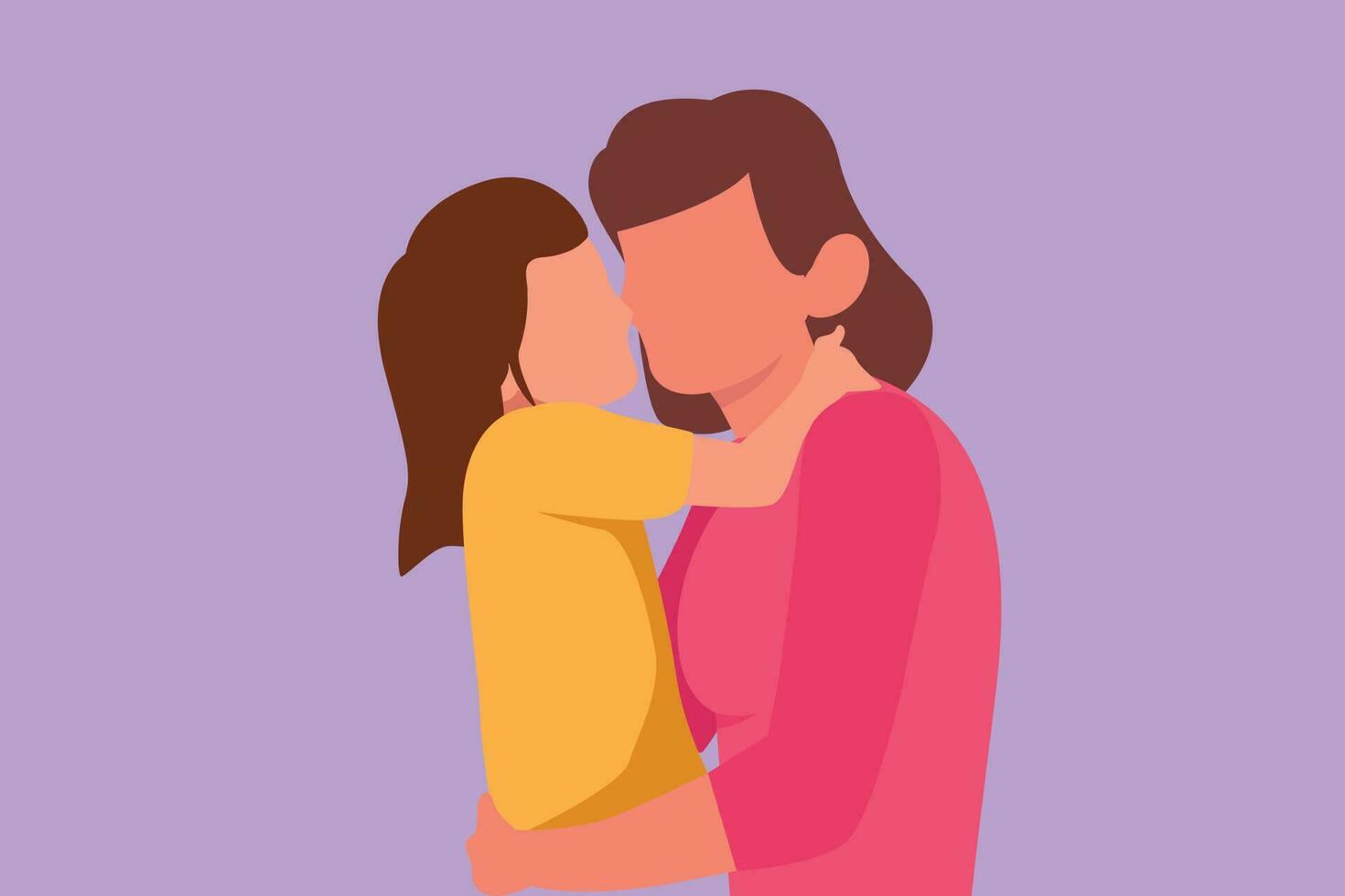 gráfico plano diseño dibujo dulce pequeño niña es abrazando y besos su hermosa mamá en mejilla mientras sentado en cama a hogar. madres día. contento madre y hija. dibujos animados estilo vector ilustración