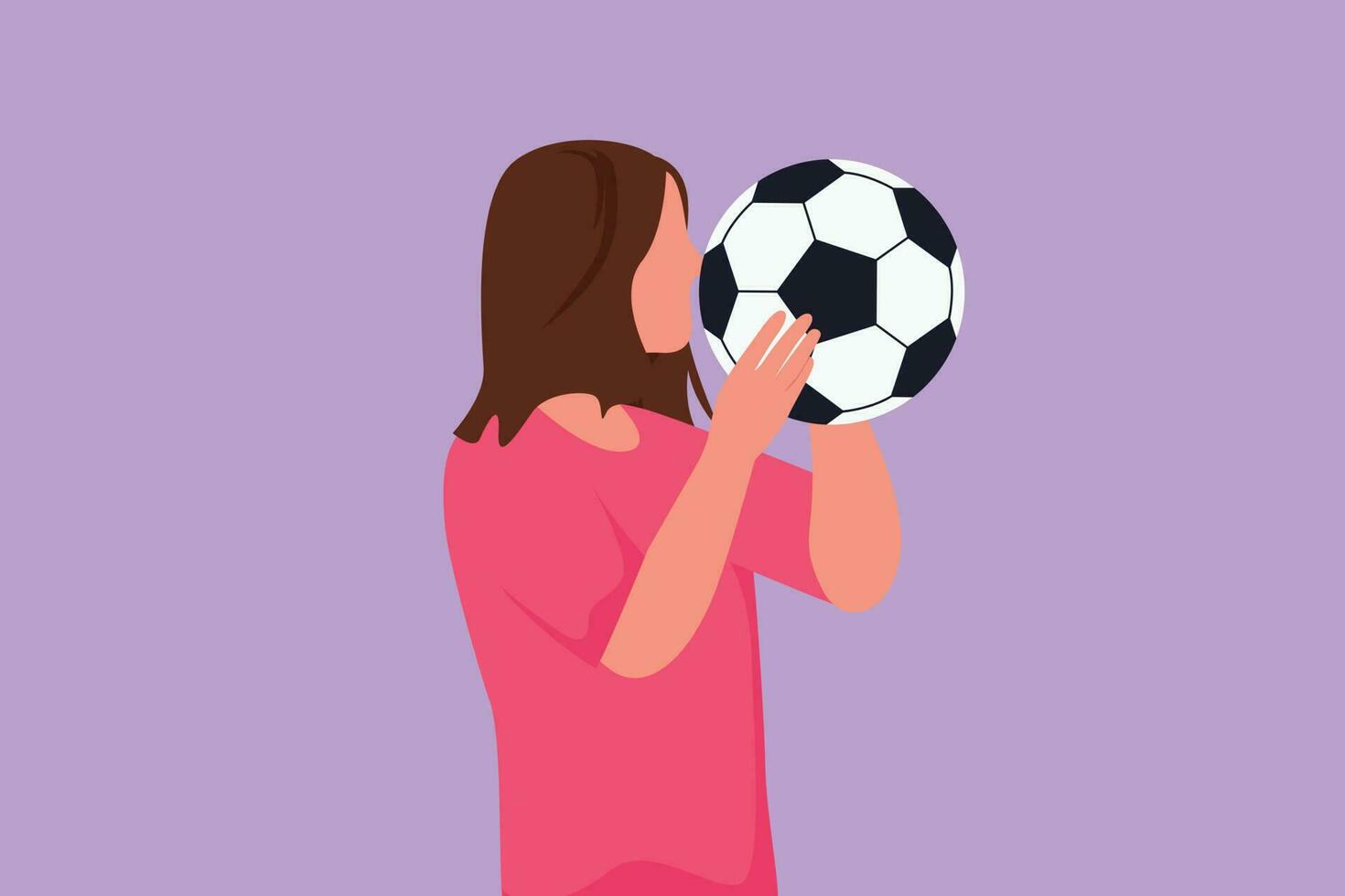 Graphic flat design drawing of female football player kissing ball with pride. Happy expression in national level competition. Professional player on training center. Cartoon style vector illustration