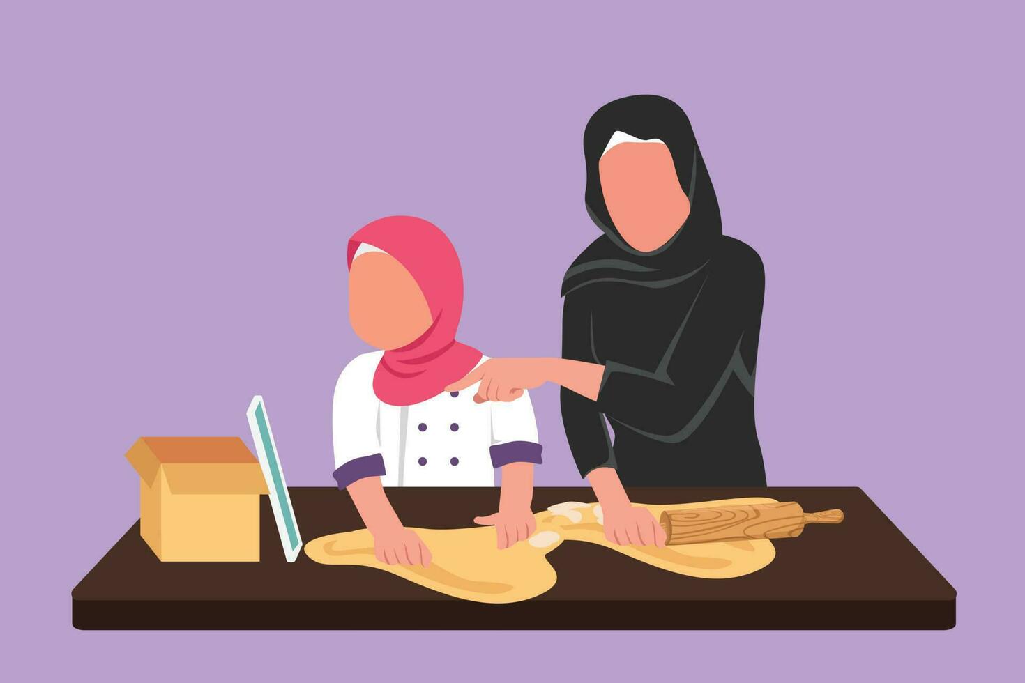 Graphic flat design drawing happy Arab mother and daughter cooking together while watching tutorial from tablet or smartphone. Learn to cook with digital technology. Cartoon style vector illustration