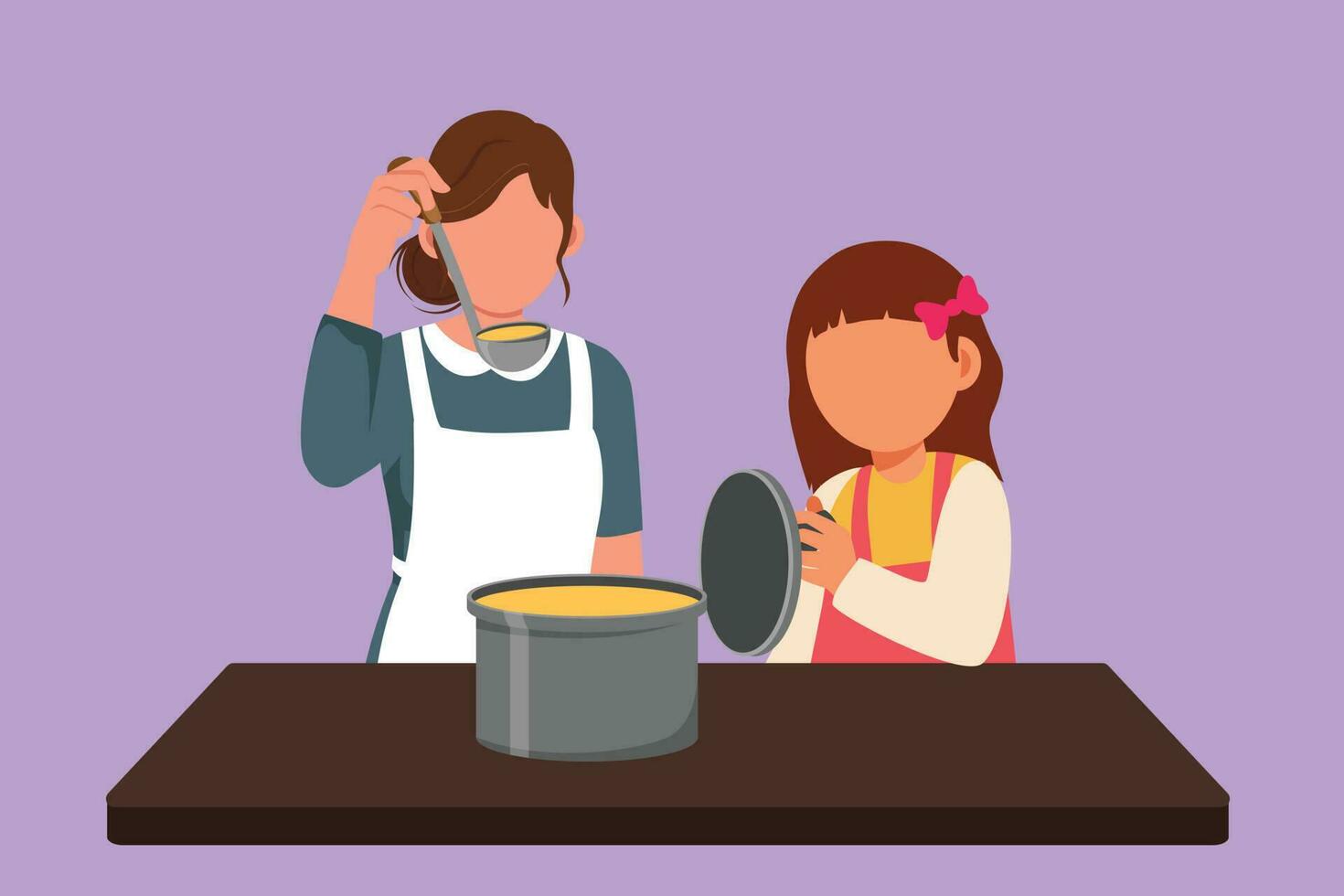 Graphic flat design drawing of little daughter holding pan lid and her beautiful mom tasting food or soup using vegetables spoon. Cooking together in kitchen at home. Cartoon style vector illustration