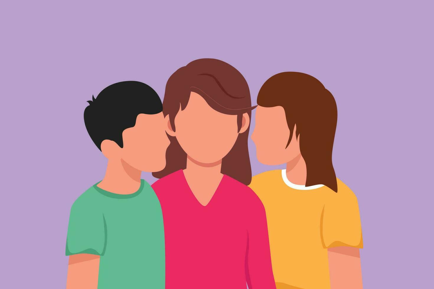 Cartoon flat style drawing portrait of adorable son and daughter kissing their mother. Happy mothers day concept. Family holiday. Love of children with their mother. Graphic design vector illustration