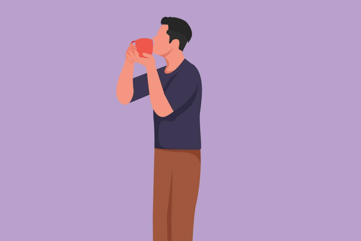 Cartoon flat style drawing young man standing and kissing cup in happy mood. Product photo session with a model to introduce latest beverage brand. Success business. Graphic design vector illustration