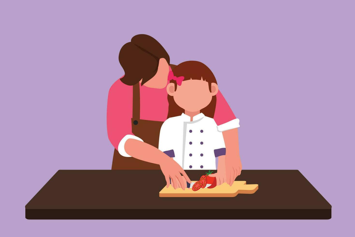 Graphic flat design drawing of mother teaching her little daughter to cut vegetables and fruit. Healthy food. Happy family, mom and child cooking together in kitchen. Cartoon style vector illustration