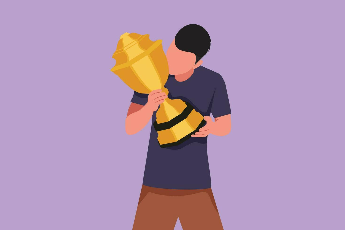 Cartoon flat style drawing happy young male athlete wearing jersey kissing national sports competition championship trophy. Proud achievement and successful people. Graphic design vector illustration