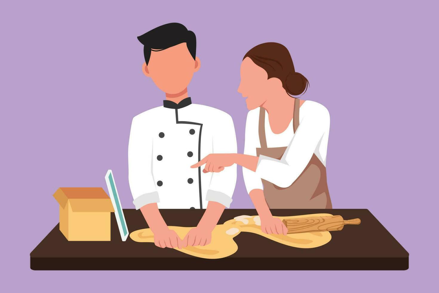 Cartoon flat style drawing of happy romantic couple cooking together while watching tutorial from gadget tablet screen. Learn to cook with modern digital technology. Graphic design vector illustration